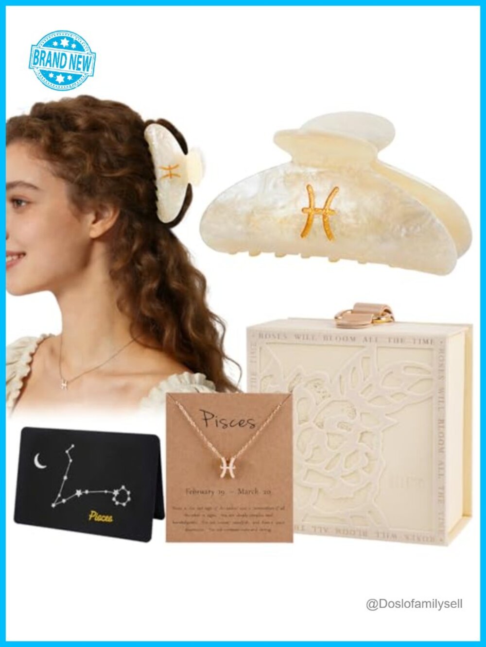 Pisces Zodiac Marble Acrylic Hair Claw Clip & Necklace Set